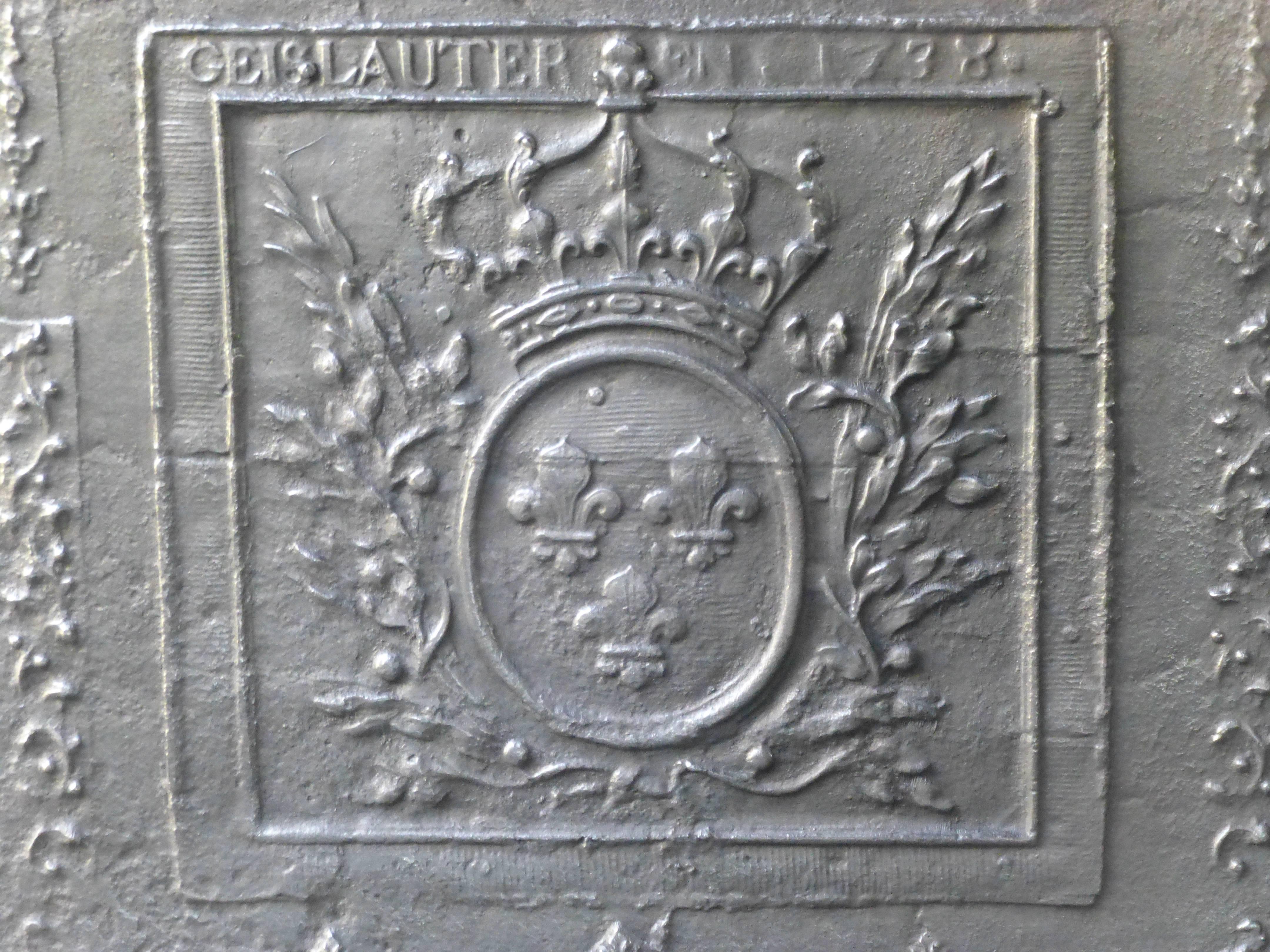 18th century German fireback with arms of France.
