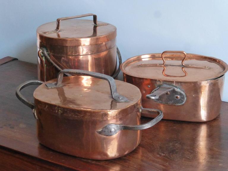 Beautiful Set of Three ReTinned Copper Pots and Lids at 1stDibs