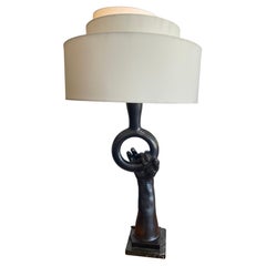 Table Lamp Hand Holding Ring Black Terracotta, Signed Jean Marais (1913-1998) Table Lamp Hand Holding Ring Black Terracotta, Signed Jean Marais (1913-1998)