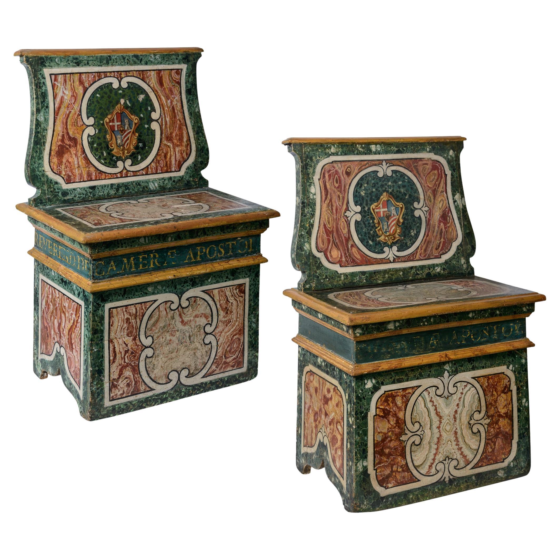 Italian 19th Century Hand Painted Faux Marble Hall Chairs With Armorials, Pair For Sale