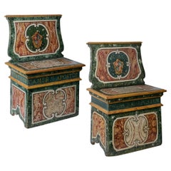 Italian 19th Century Hand Painted Faux Marble Hall Chairs With Armorials, Pair