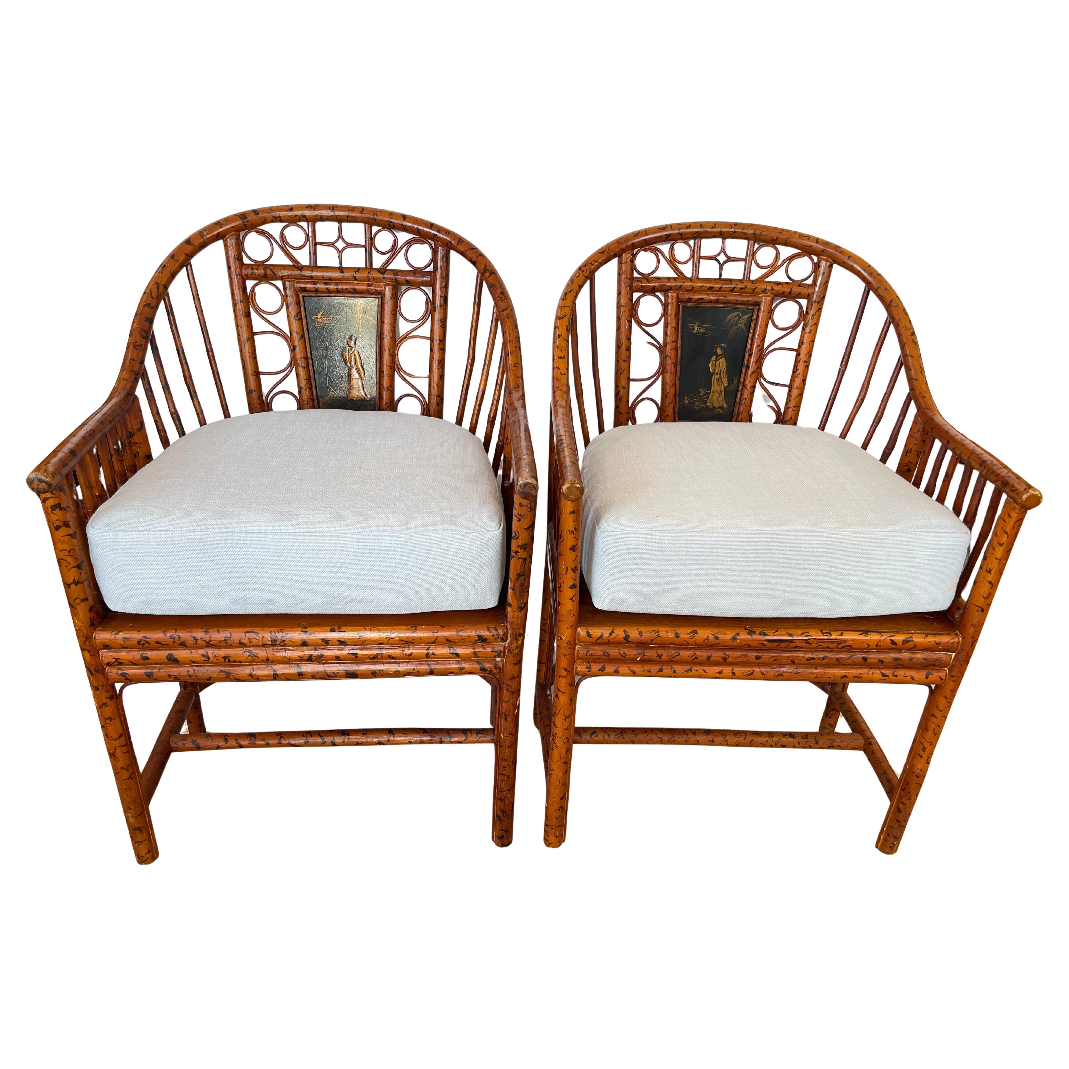 Pair Brighton Pavillon Burnt Bamboo Cane Chairs Pale Blue Cushions