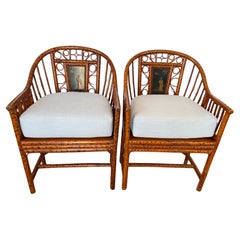 Pair Brighton Pavillon Burnt Bamboo Cane Chairs Pale Blue Cushions
