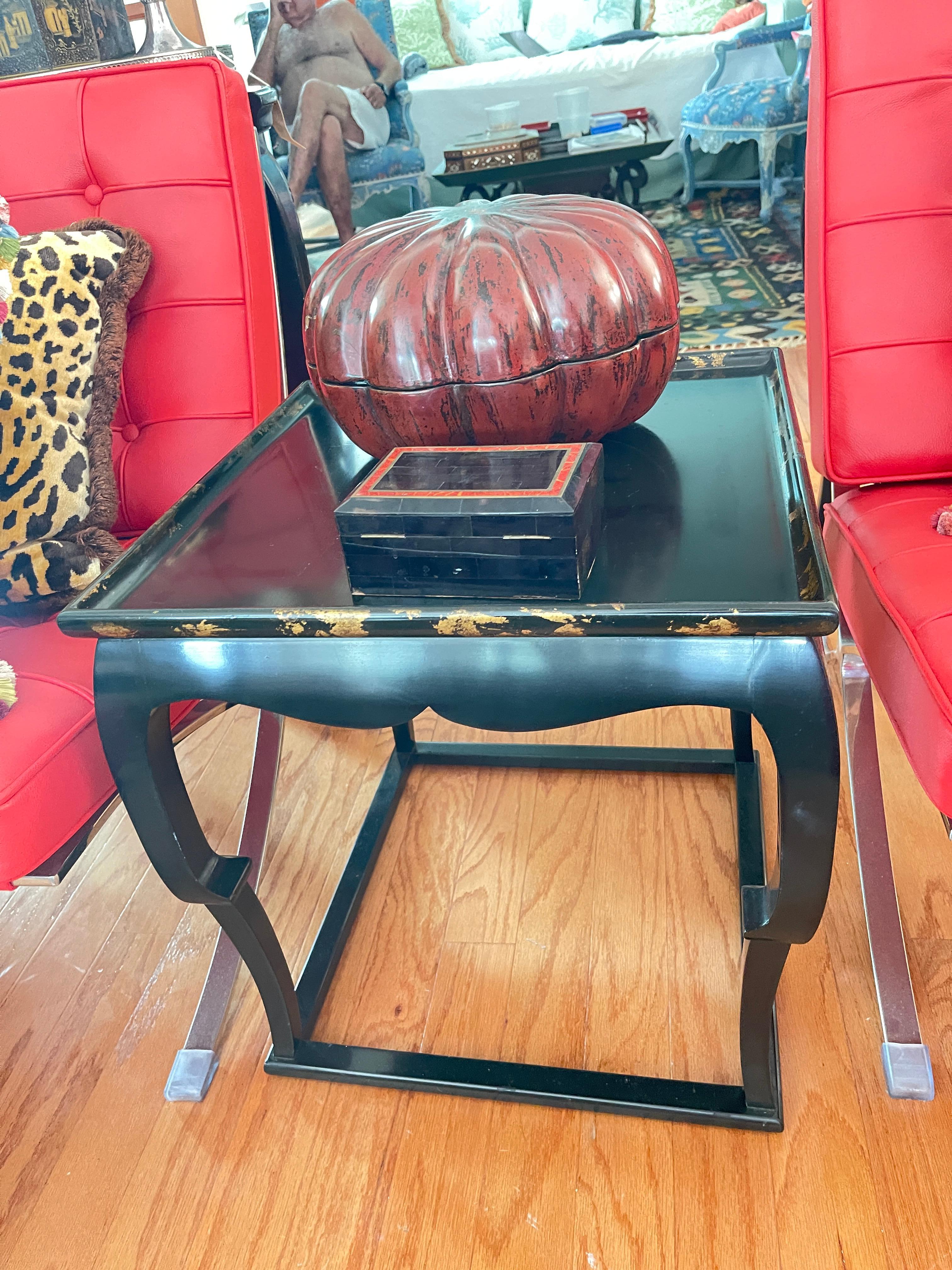 Pair Black Lacquer  Side Table Asian Style with Gold Leaf Accents To  The Rims For Sale 1