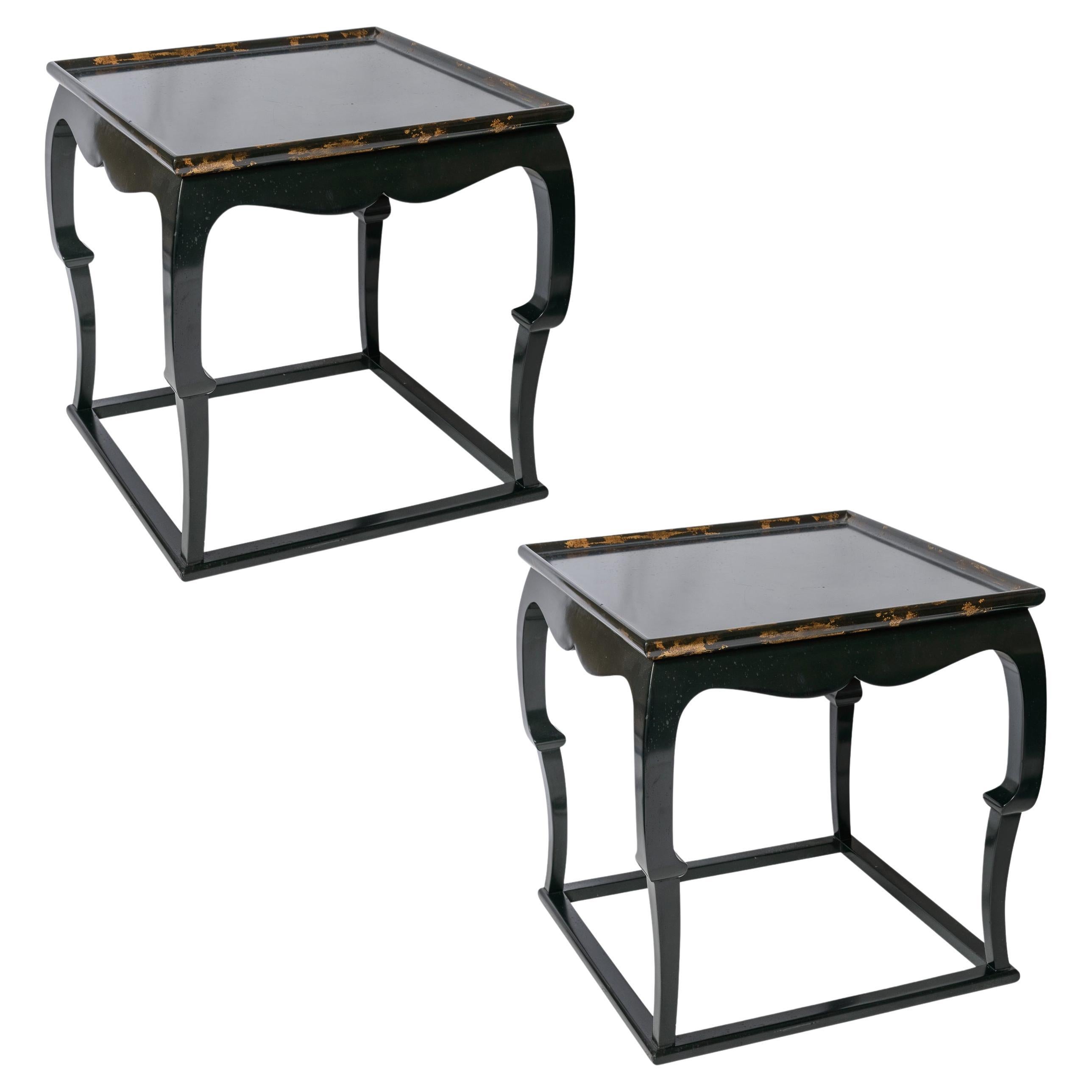 Pair Black Lacquer  Side Table Asian Style with Gold Leaf Accents To  The Rims For Sale