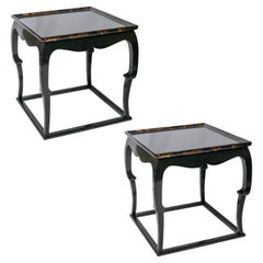 Pair Black Lacquer  Side Table Asian Style with Gold Leaf Accents To  The Rims