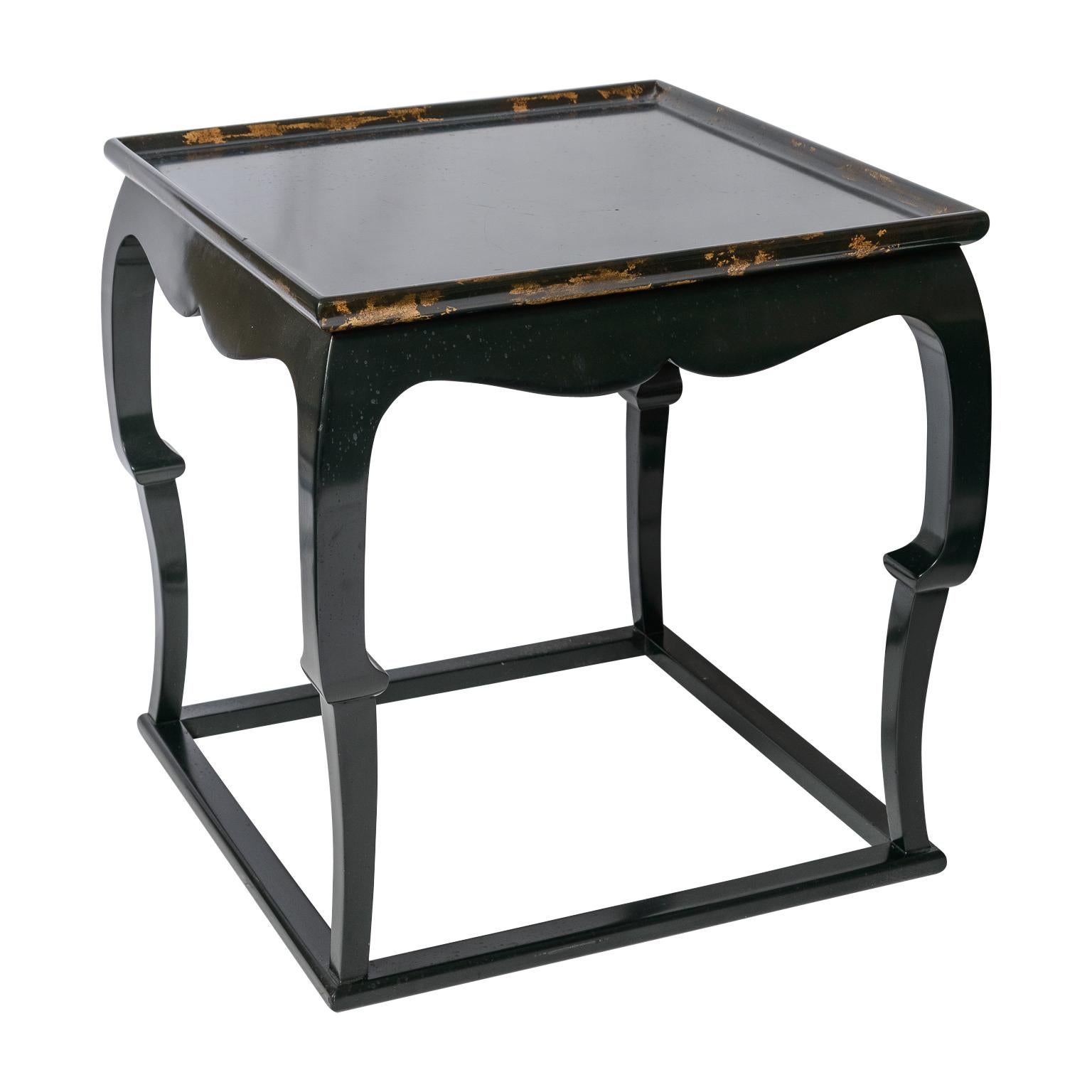 Hand-Carved Pair Black Lacquer  Side Table Asian Style with Gold Leaf Accents To  The Rims For Sale