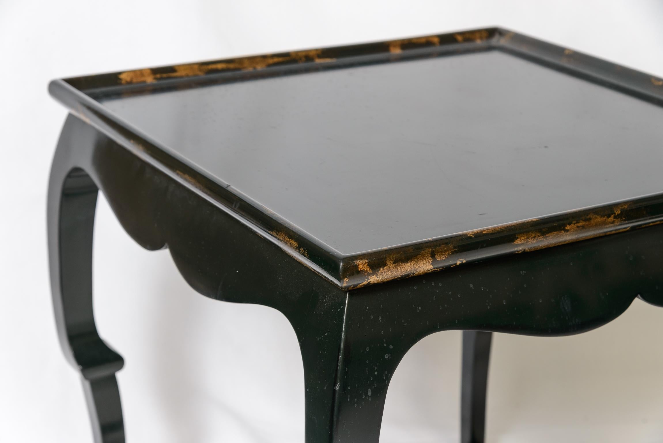 Pair Black Lacquer  Side Table Asian Style with Gold Leaf Accents To  The Rims In Good Condition For Sale In West Palm Beach, FL