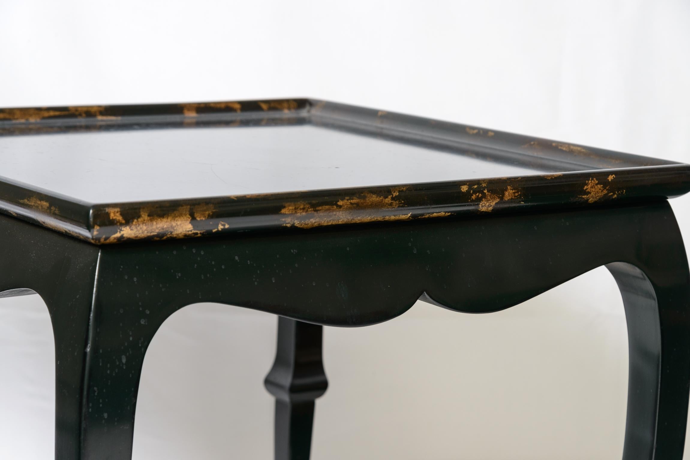 Late 20th Century Pair Black Lacquer  Side Table Asian Style with Gold Leaf Accents To  The Rims For Sale