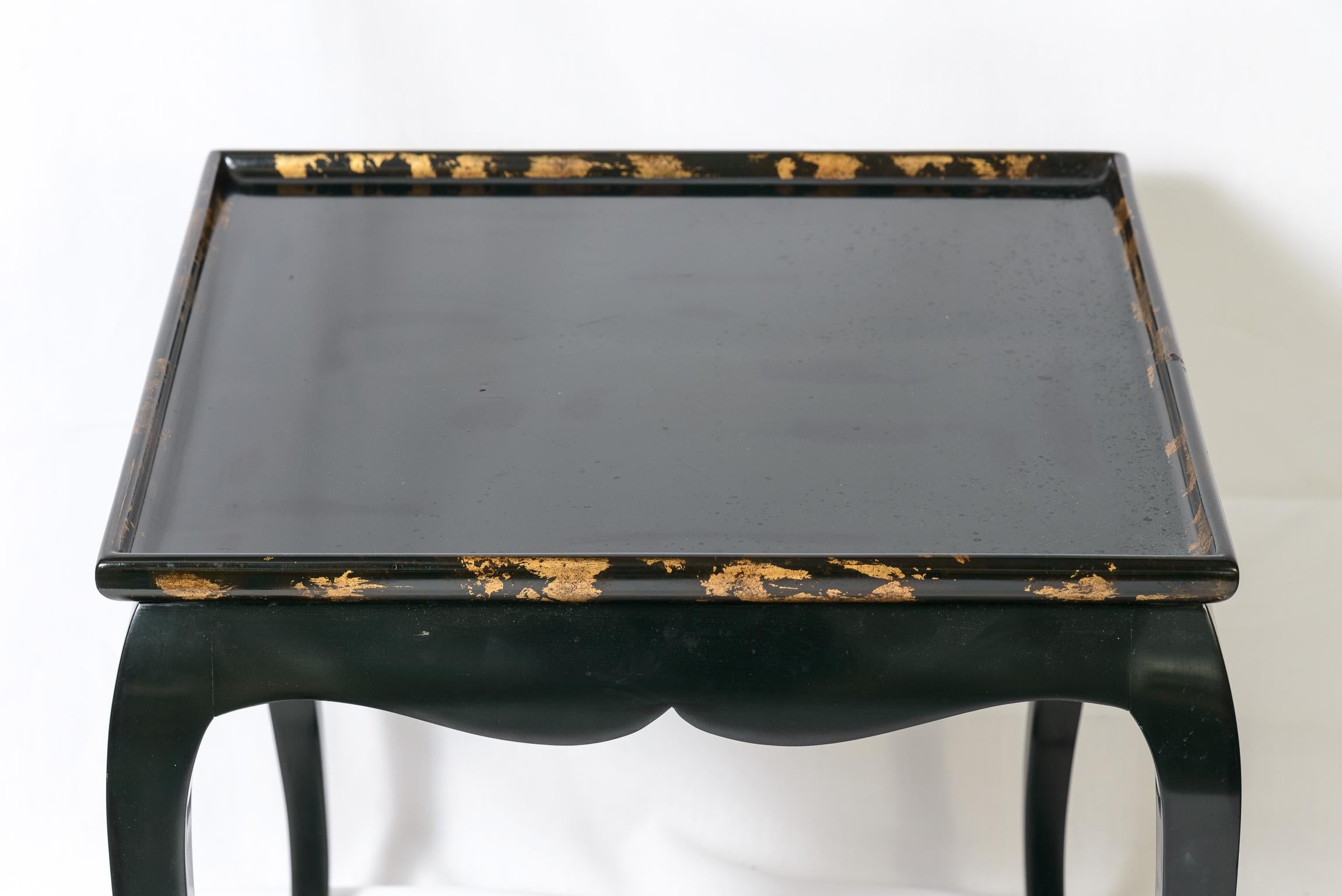 Pair Black Lacquer  Side Table Asian Style with Gold Leaf Accents To  The Rims For Sale 2