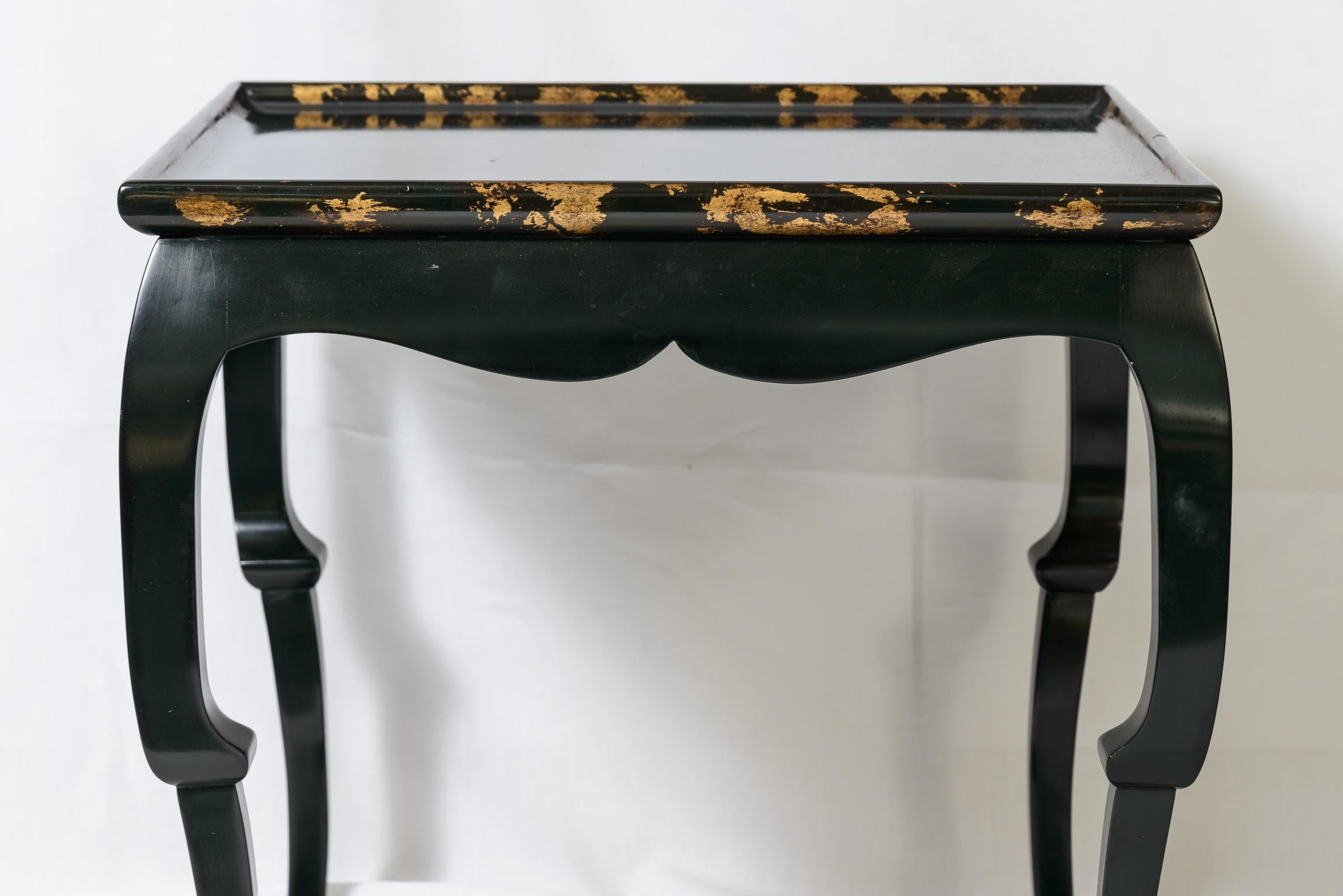 Pair Black Lacquer  Side Table Asian Style with Gold Leaf Accents To  The Rims For Sale 8