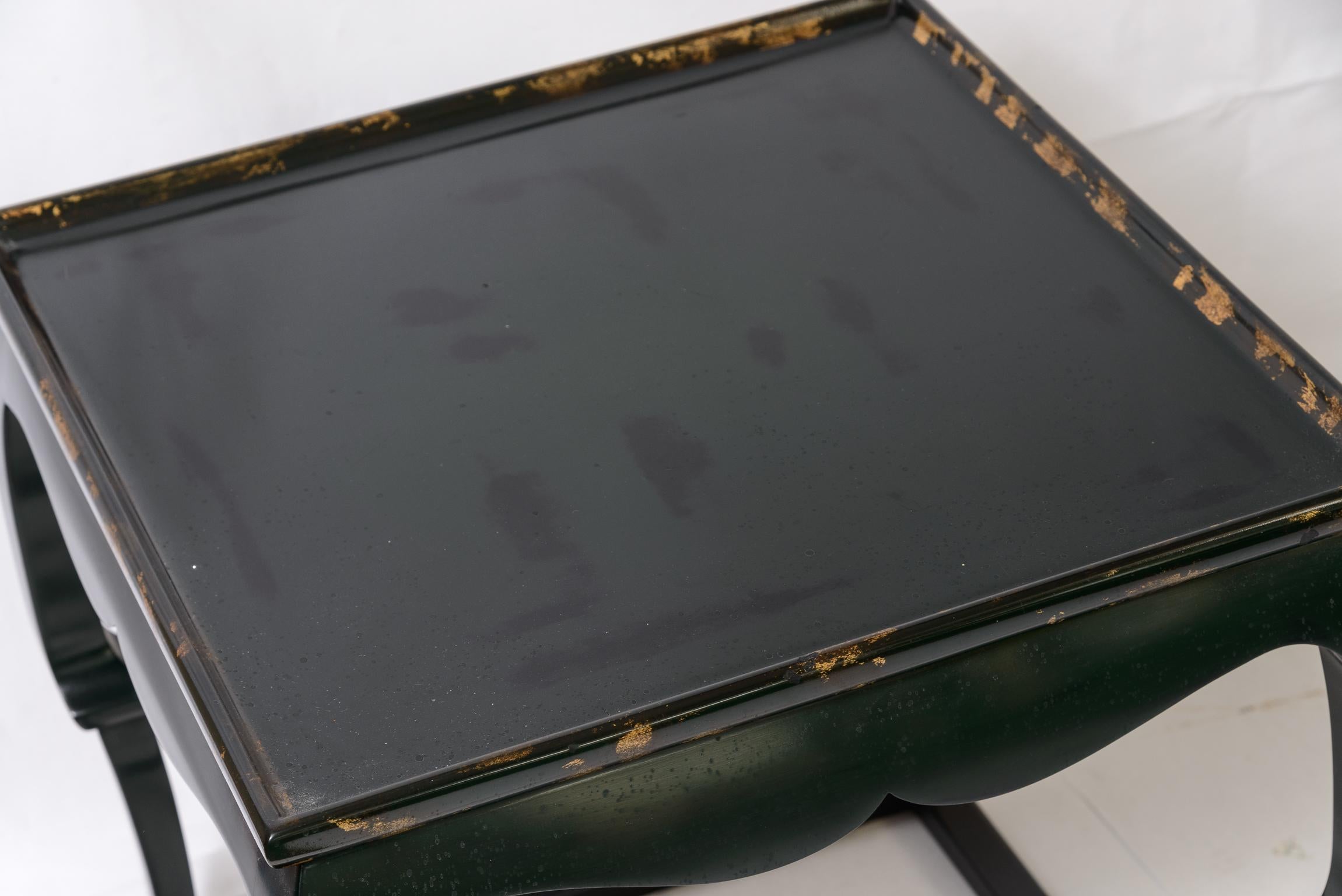 Pair Black Lacquer  Side Table Asian Style with Gold Leaf Accents To  The Rims For Sale 10