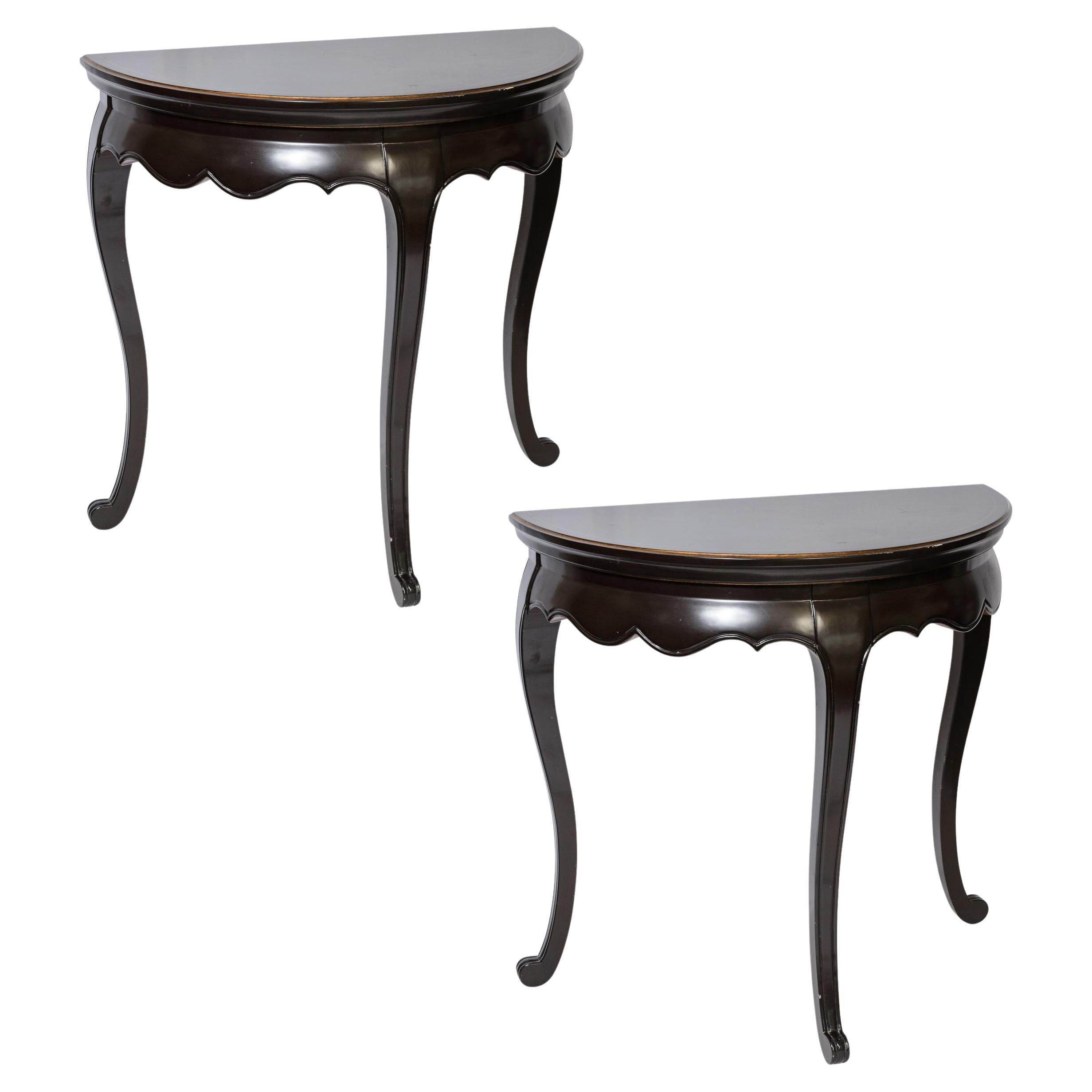 Pair Asian Stile  Chinoiserie Black Lacker Demi Lune Consoles Tables For Sale