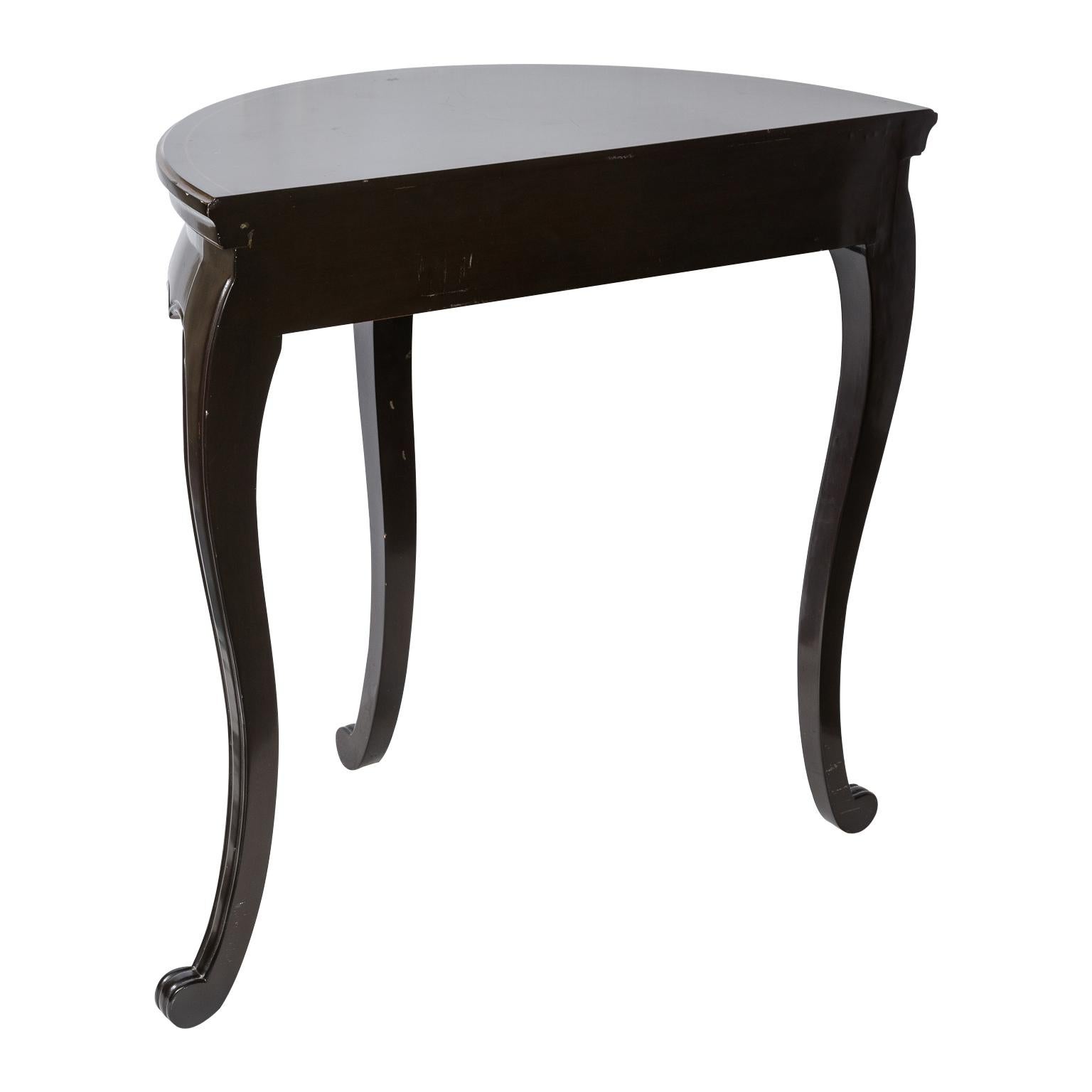 Pair Asian Stile  Chinoiserie Black Lacker Demi Lune Consoles Tables In Good Condition For Sale In West Palm Beach, FL