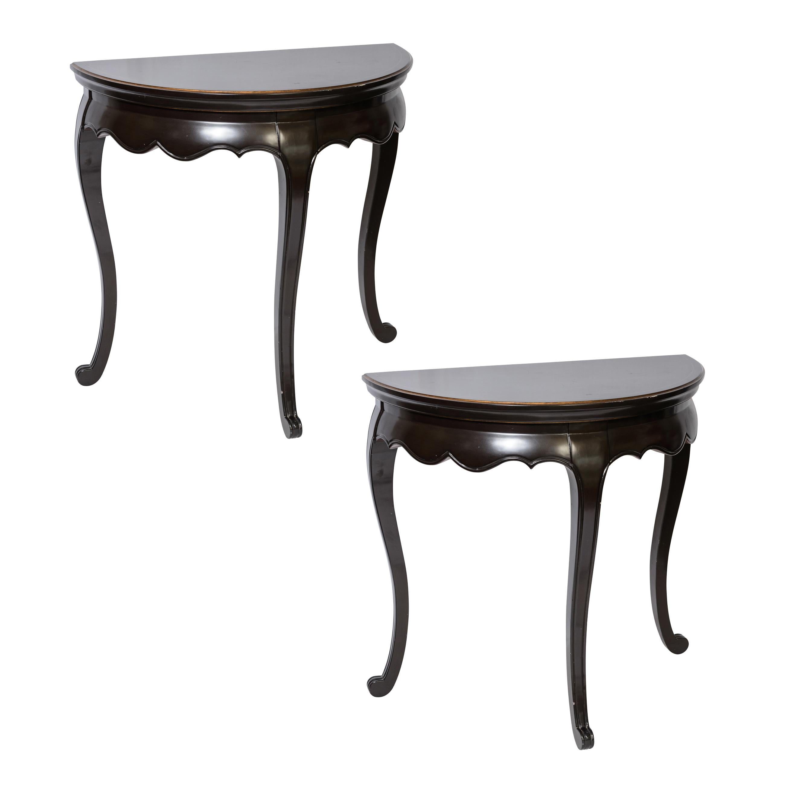 North American Pair Asian Stile  Chinoiserie Black Lacker Demi Lune Consoles Tables For Sale