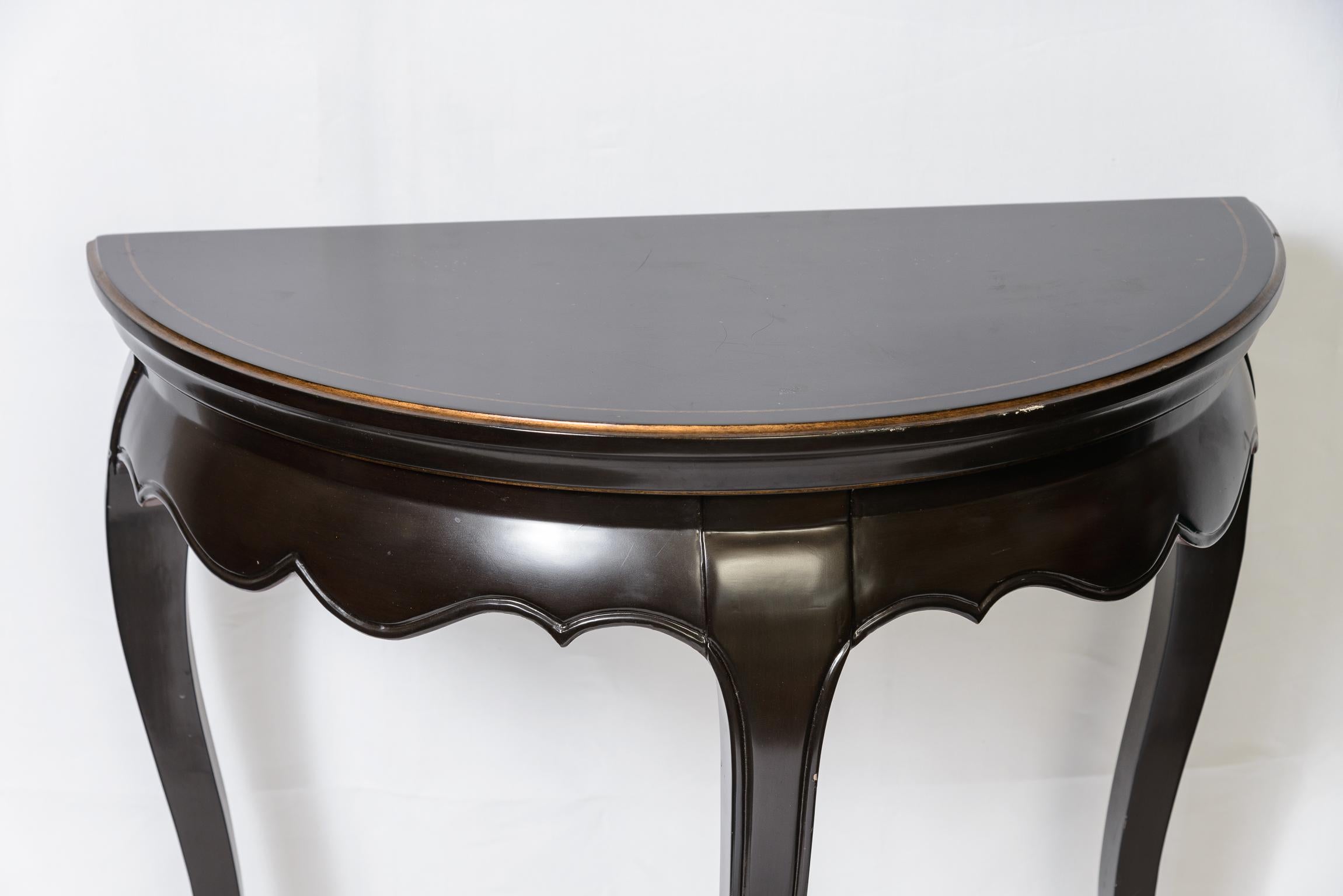 Wood Pair Asian Stile  Chinoiserie Black Lacker Demi Lune Consoles Tables For Sale