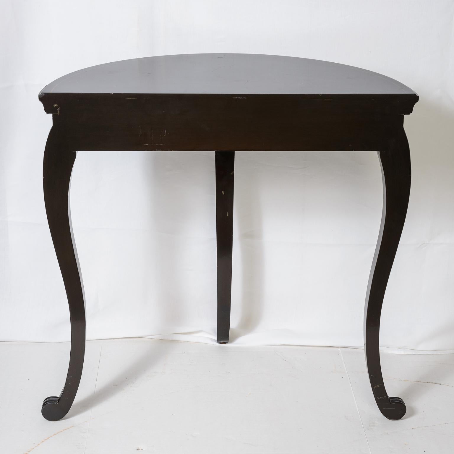 Hand-Crafted Pair Asian Stile  Chinoiserie Black Lacker Demi Lune Consoles Tables For Sale