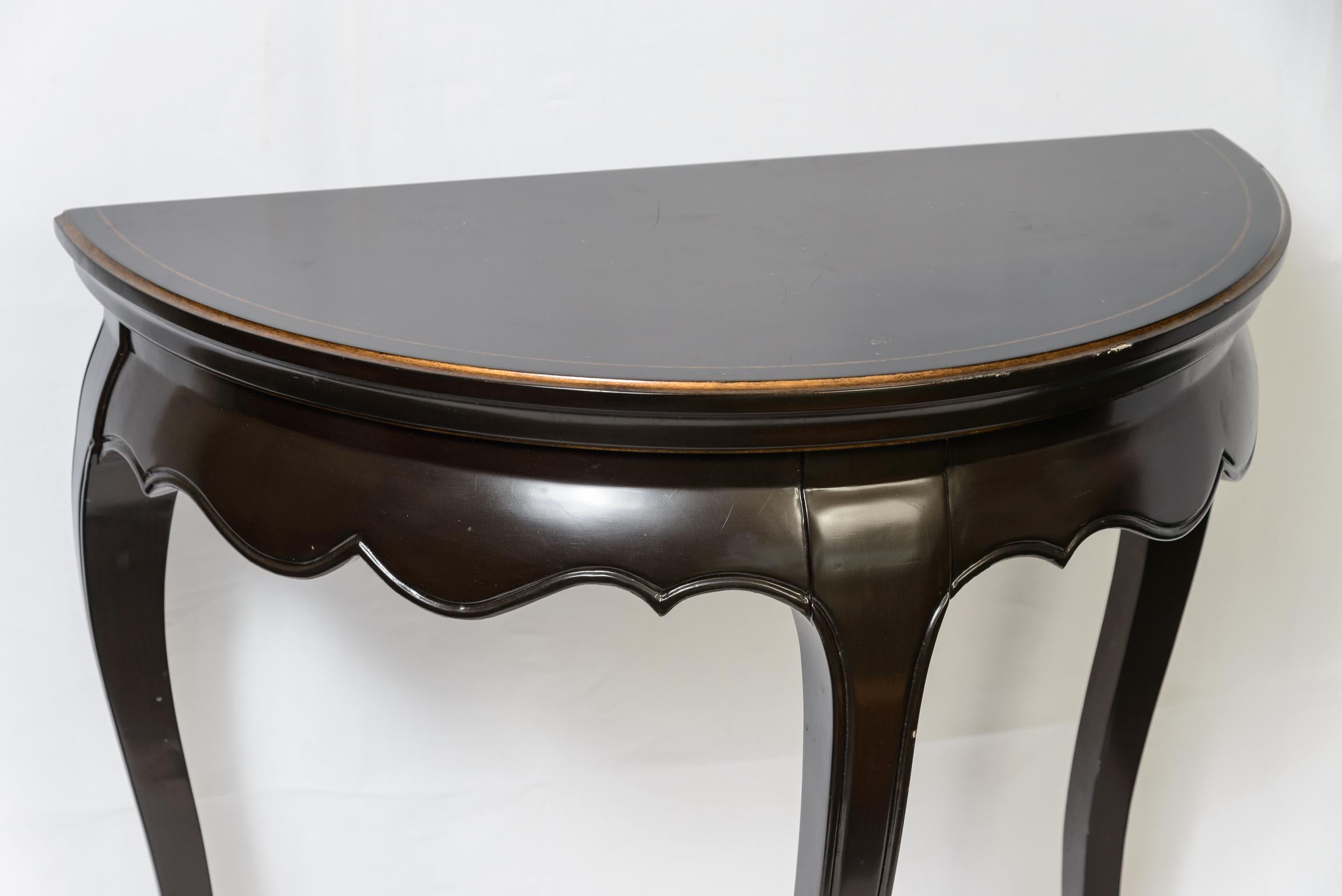 Pair Asian Stile  Chinoiserie Black Lacker Demi Lune Consoles Tables For Sale 3