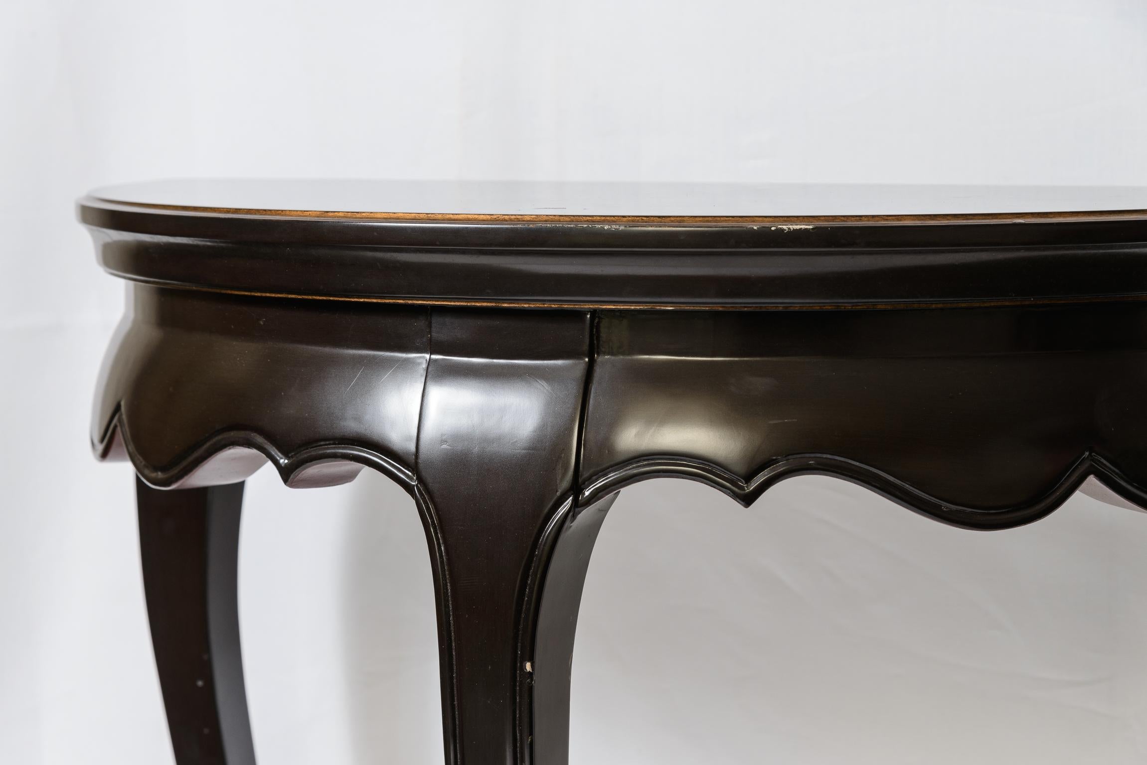 Pair Asian Stile  Chinoiserie Black Lacker Demi Lune Consoles Tables For Sale 4