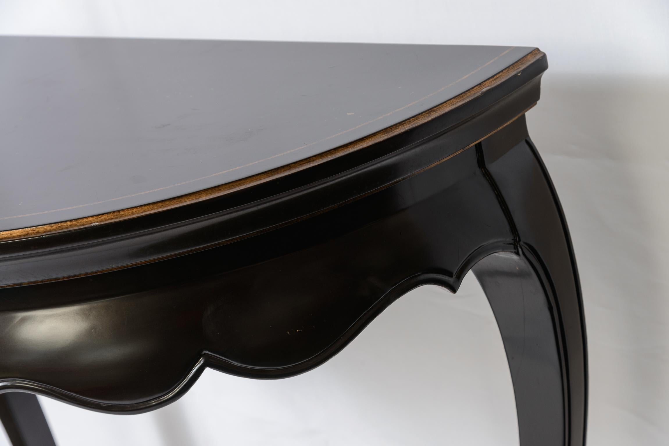 Pair Asian Stile  Chinoiserie Black Lacker Demi Lune Consoles Tables For Sale 5