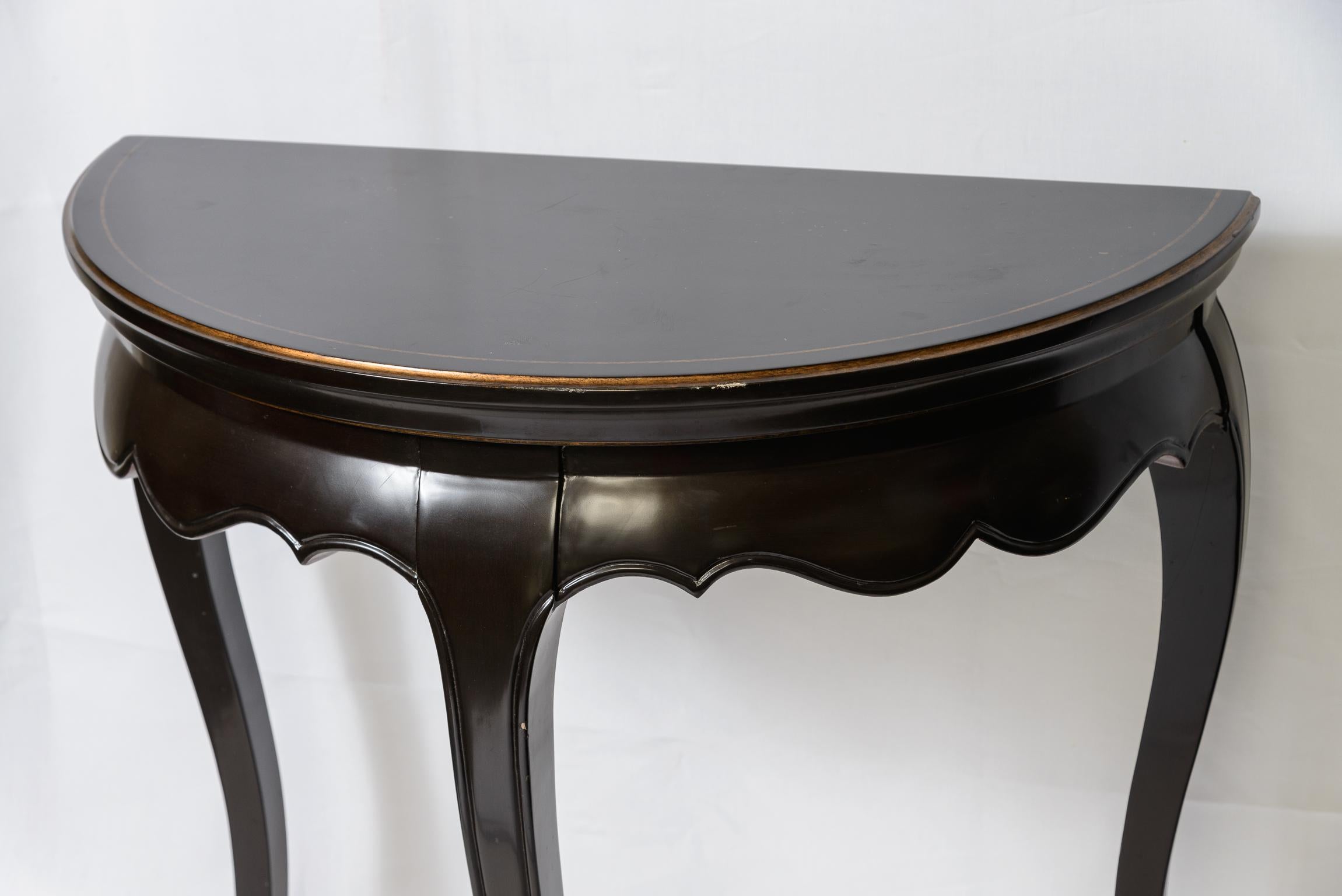 Late 20th Century Pair Asian Stile  Chinoiserie Black Lacker Demi Lune Consoles Tables For Sale