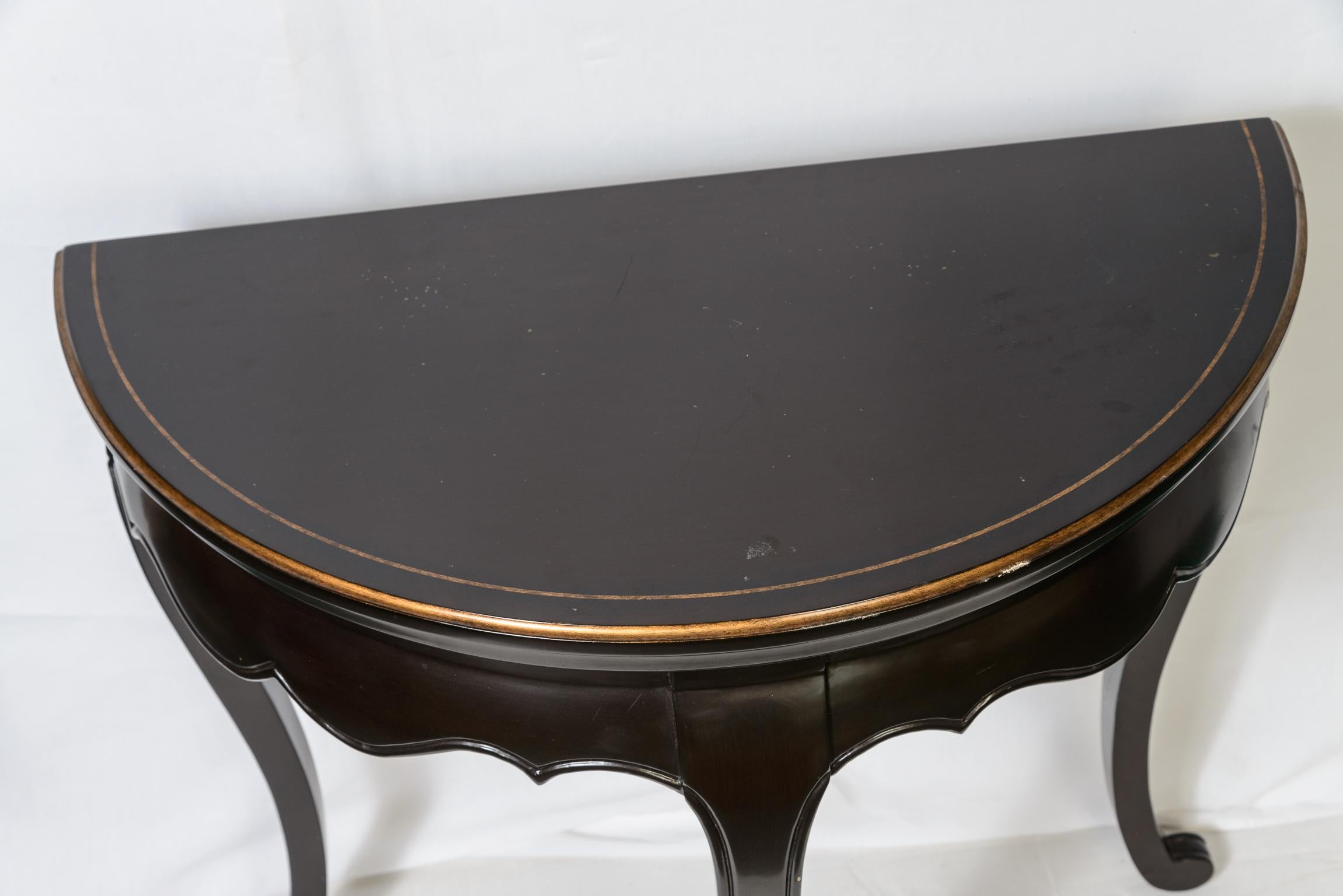 Pair Asian Stile  Chinoiserie Black Lacker Demi Lune Consoles Tables For Sale 2