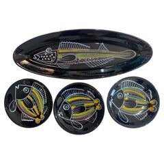 Rare 1960s Mid-Century Robert Picault Black Glazed Ceramic Fish Set 15 Pieces