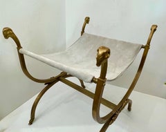 Vintage Neoclassical Ram's Head Curule Stool, Dove Gray Suede