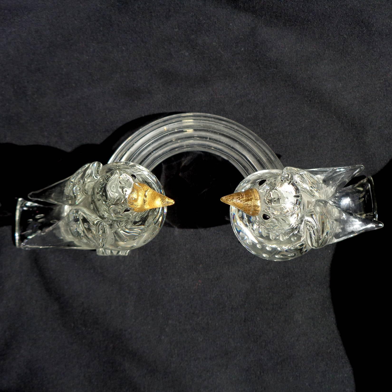Mid-Century Modern Barovier Toso Murano Crystal Clear, Gold, Italian Art Glass Birds Sculpture