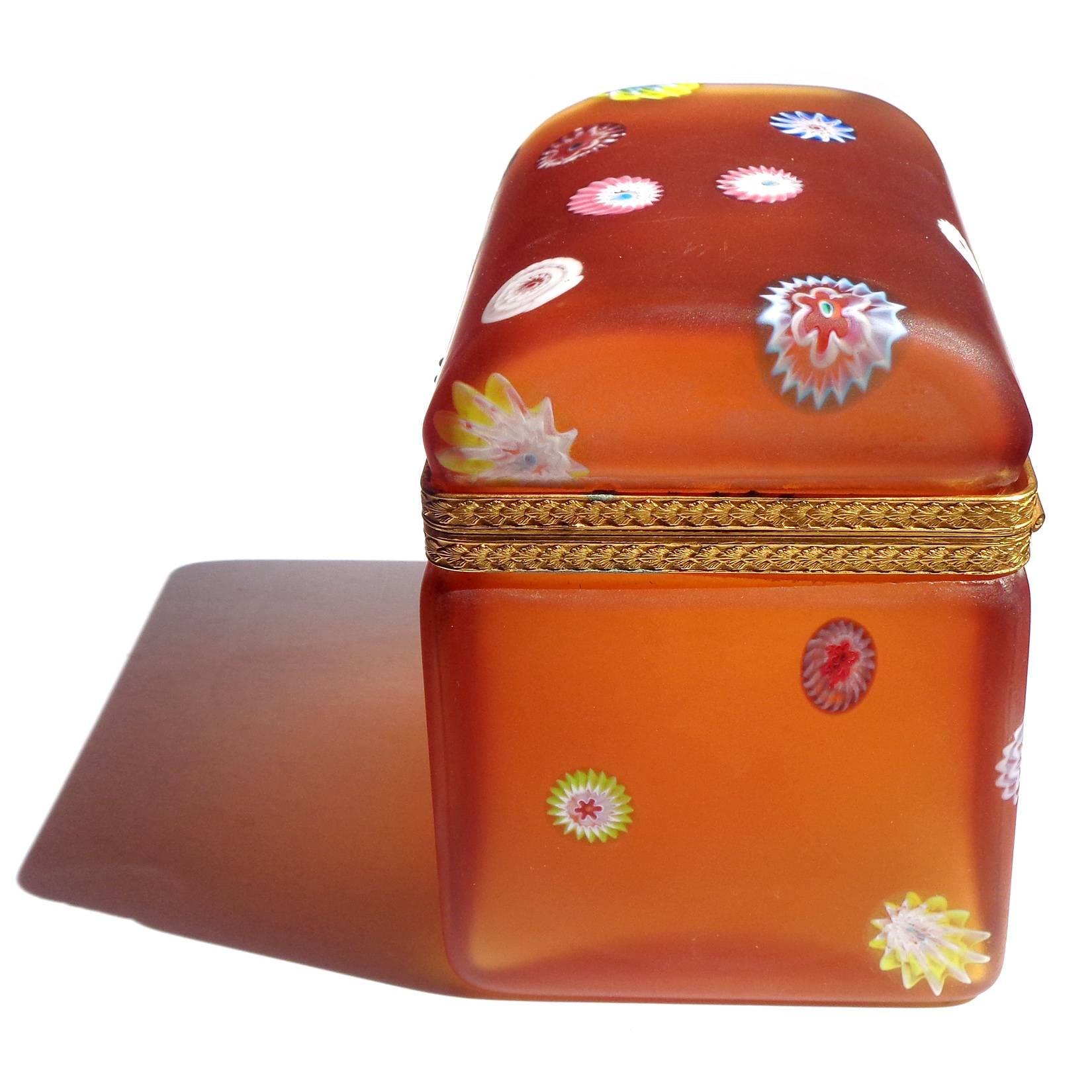 Mid-Century Modern Fratelli Toso Murano Millefiori Flowers, Satin, Italian Art Glass Jewelry Box