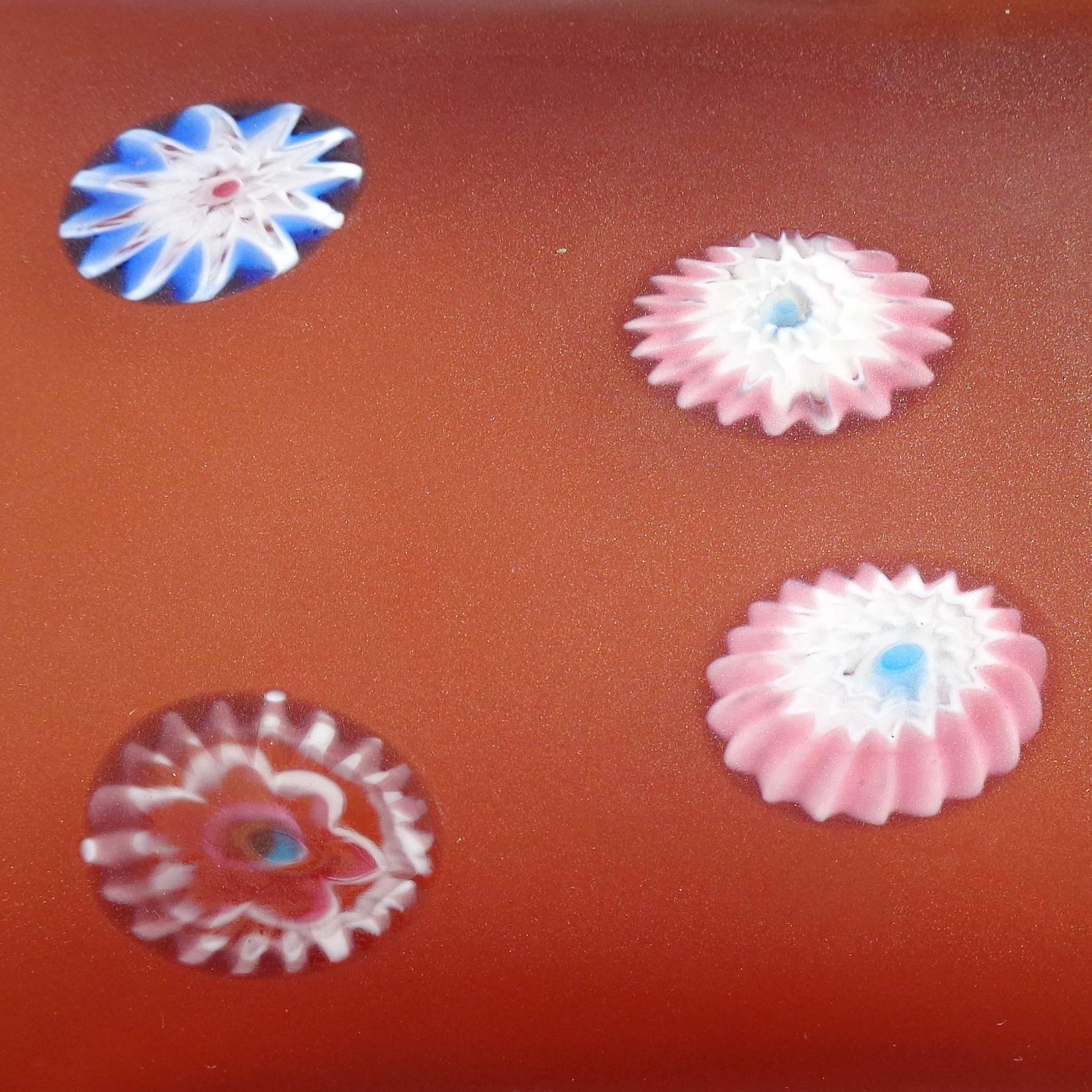 Fratelli Toso Murano Millefiori Flowers, Satin, Italian Art Glass Jewelry Box In Excellent Condition In Kissimmee, FL