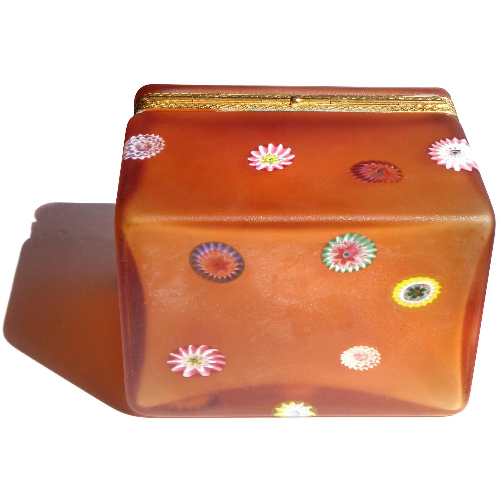 20th Century Fratelli Toso Murano Millefiori Flowers, Satin, Italian Art Glass Jewelry Box