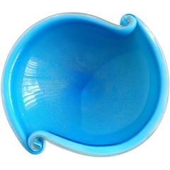 Murano Cobalt Blue White Gold Flecks Italian Art Glass Scroll Shell Bowl Dish 2