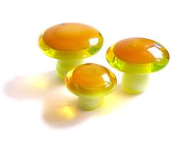 Murano Orange Yellow Uranium Italian Art Glass Mushroom Toadstool Paperweights