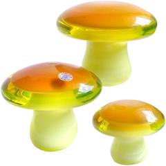 Retro Murano Orange Yellow Uranium Italian Art Glass Mushroom Toadstool Paperweights