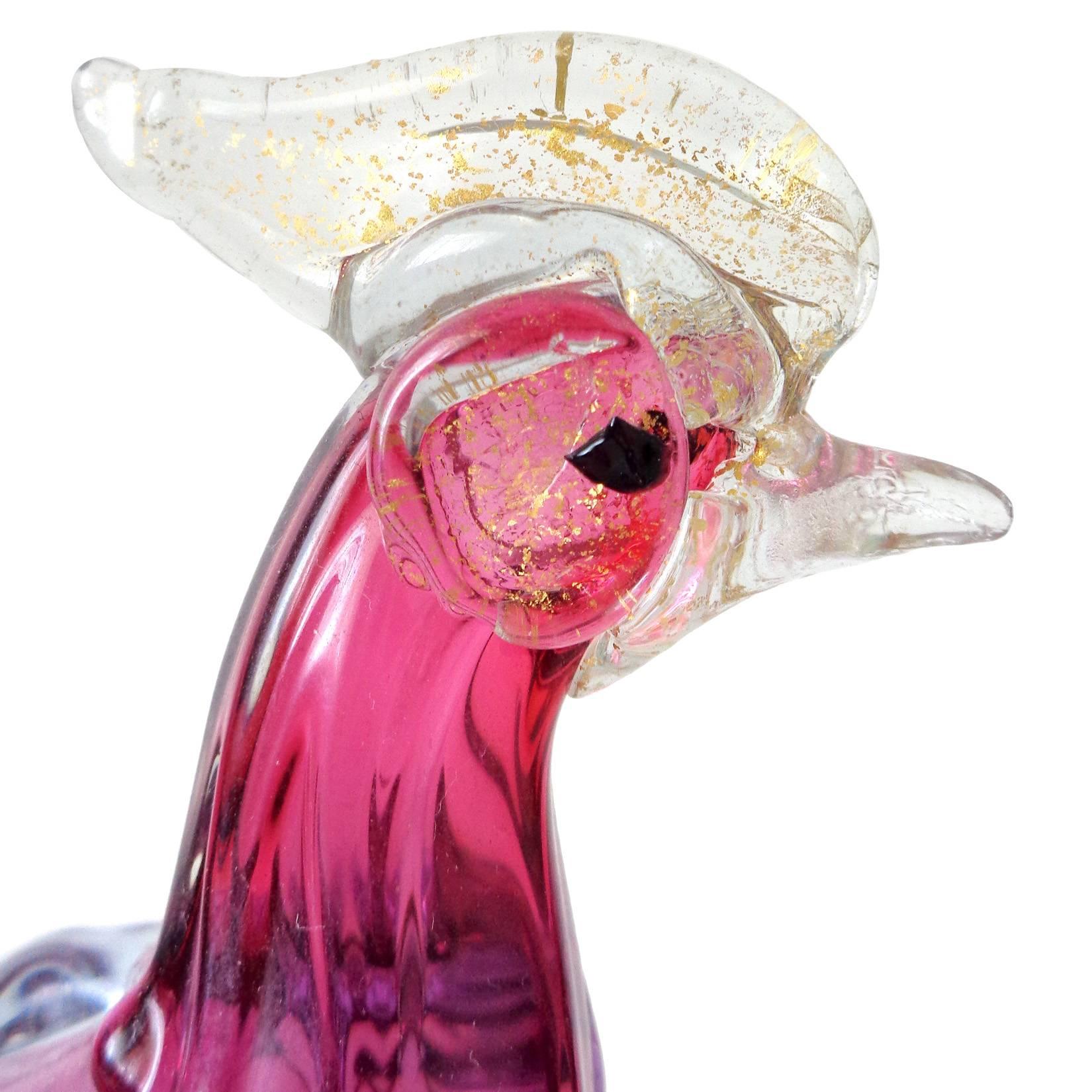 Free shipping worldwide! See details below description.

Beautiful Murano handblown Sommerso purple and gold flecks art glass pheasant bird sculpture. Documented to designer Alfredo Barbini. The base has two gold leafs and ice blue color.
