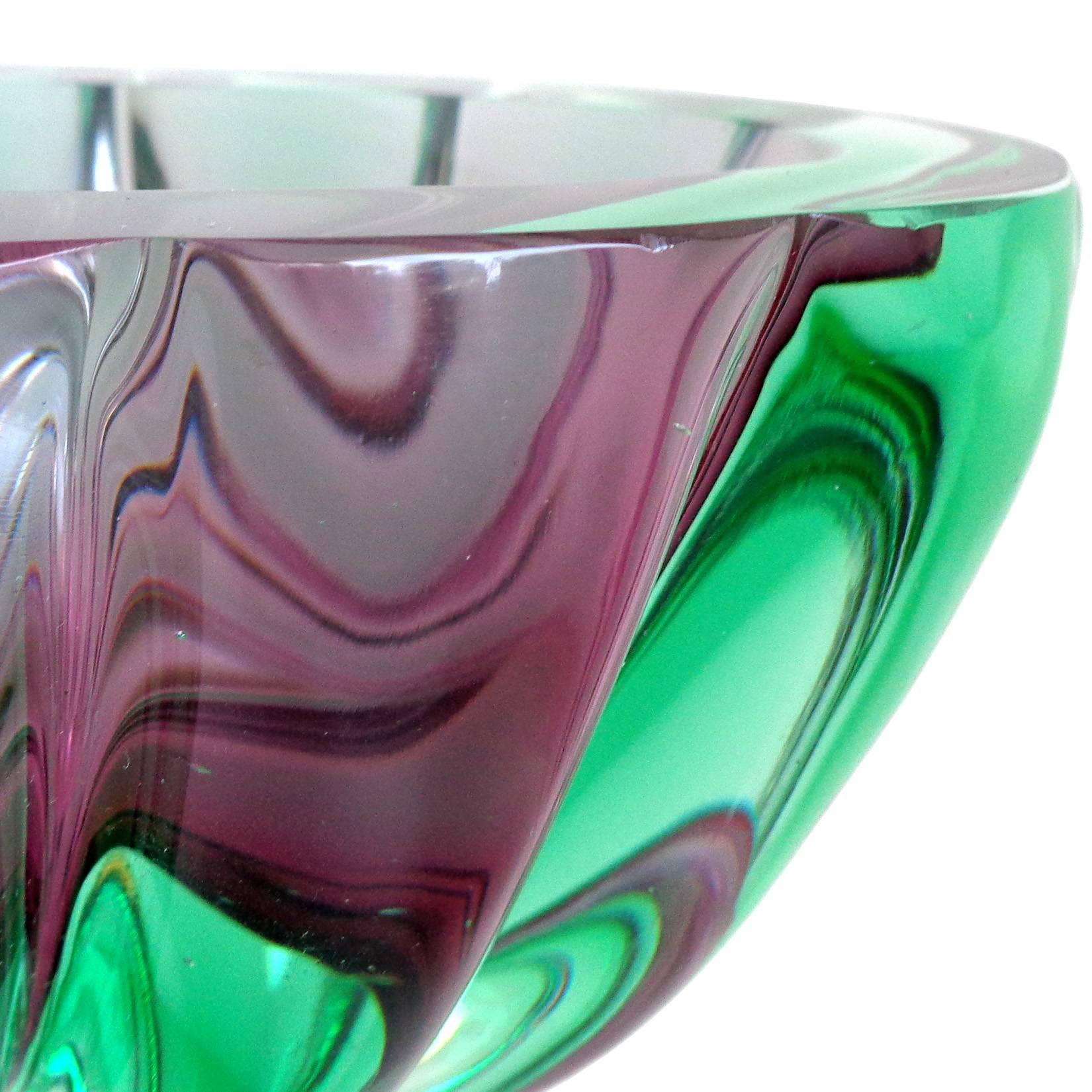 Mid-Century Modern Murano Sommerso Purple and Green Italian Art Glass Geode Cut Bowl