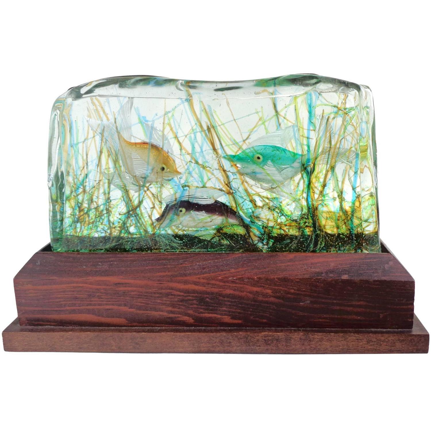Cenedese Murano Three Fish Italian Art Glass Aquarium Block On Cenedese Murano Three Fish Italian Art Glass Aquarium Block On Lighted Base For At 1stdibs