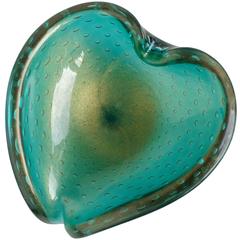 Seguso Murano Emerald Green Gold Flecks Italian Art Glass Heart Bowl