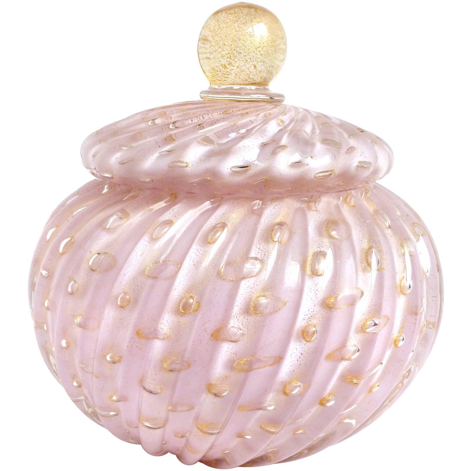Alfredo Barbini Murano Pink Gold Flecks Italian Art Glass Vanity Powder Box