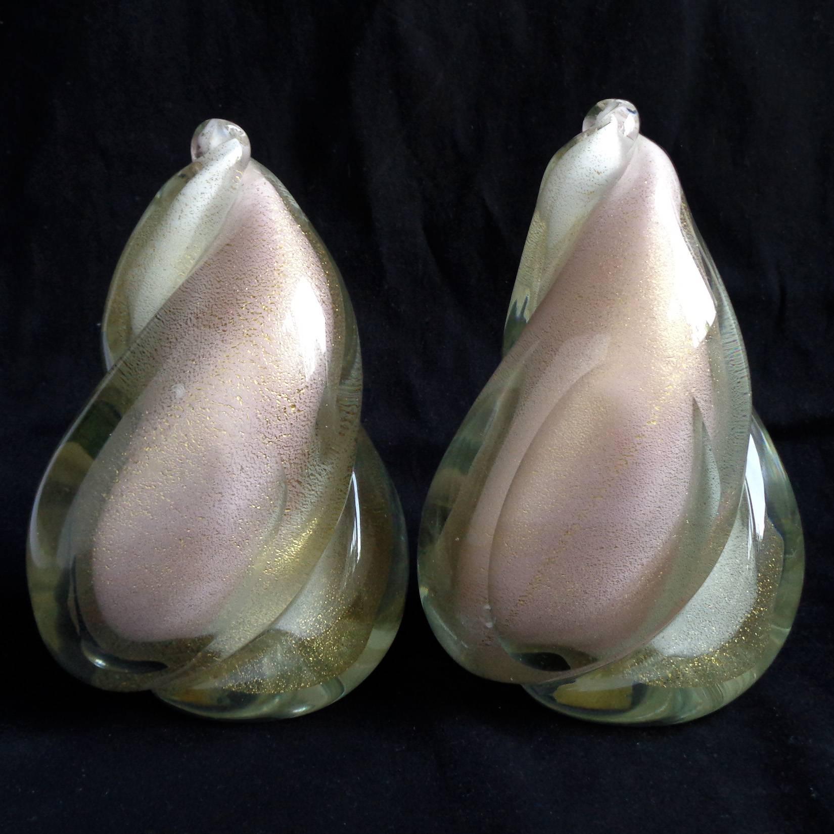 Hand-Crafted Alfredo Barbini Murano Pink, White, Gold Flame Italian Art Glass Bookends