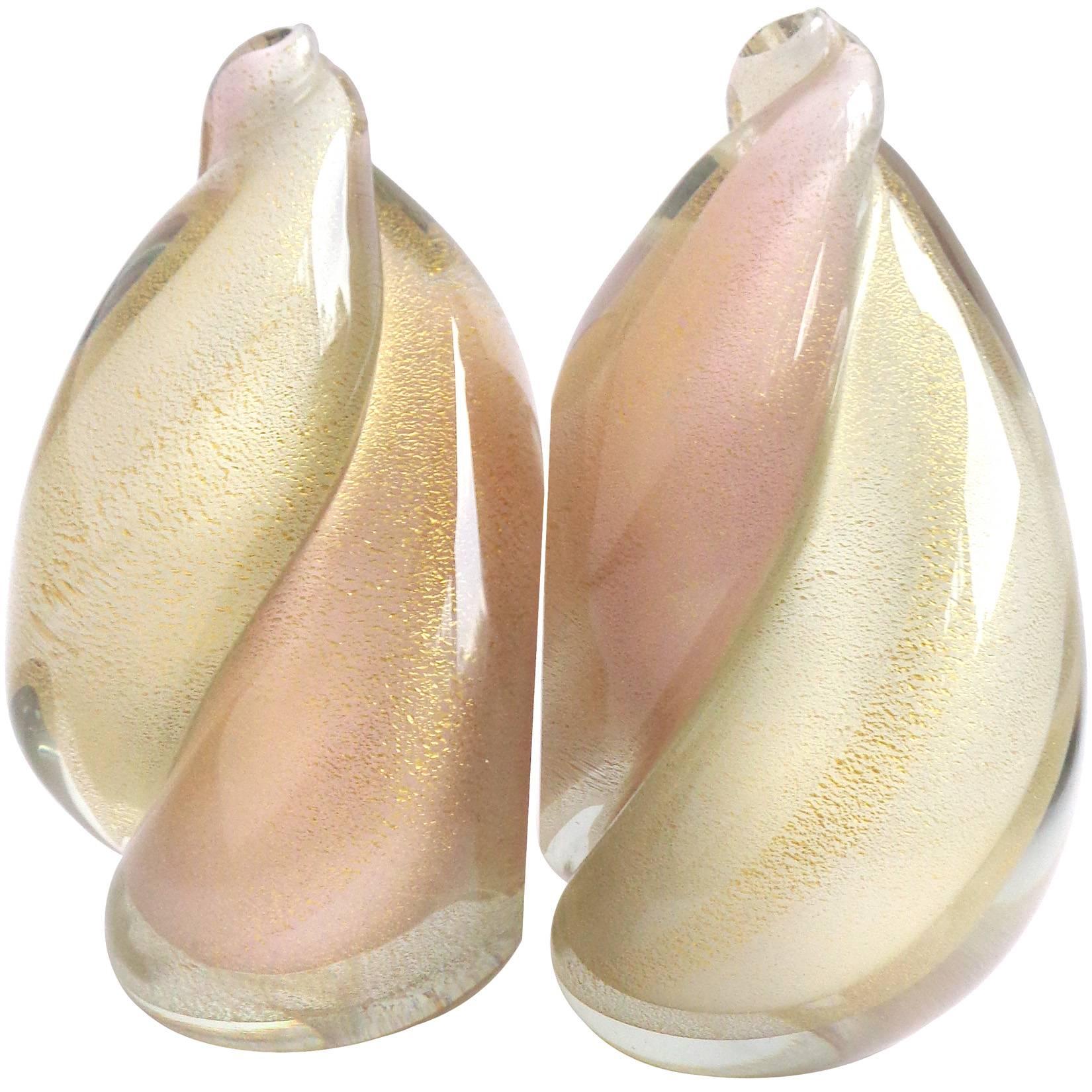 Alfredo Barbini Murano Pink, White, Gold Flame Italian Art Glass Bookends
