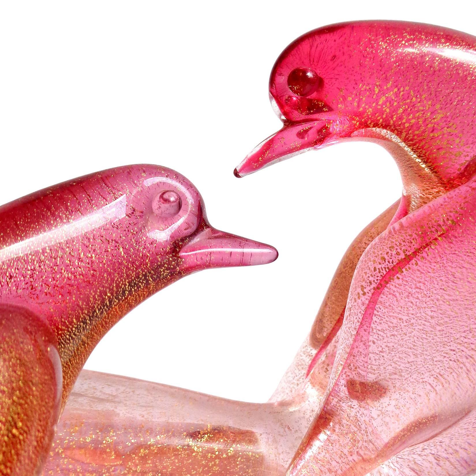 Hand-Crafted Archimede Seguso Murano Pink Gold Flecks Italian Art Glass Dove Birds Figures