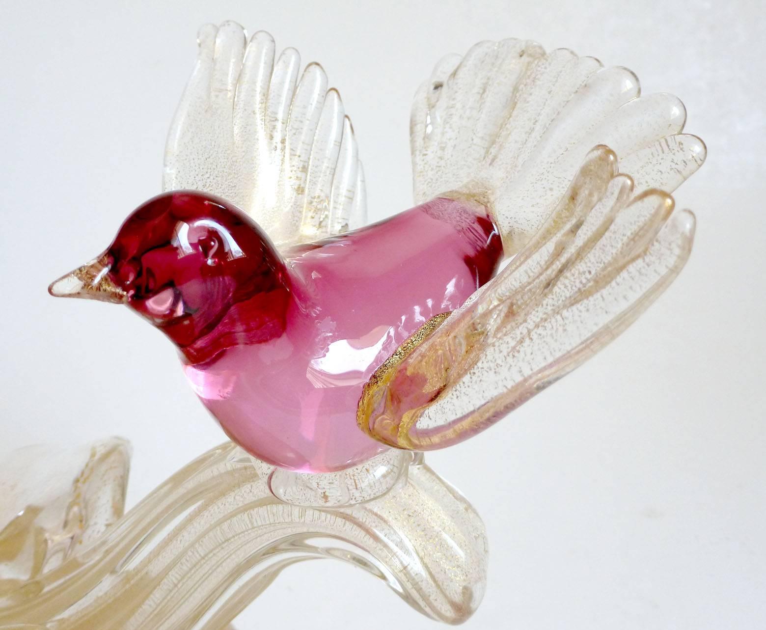 Mid-Century Modern Barbini Murano Gold Flecks Cranberry Pink Italian Art Glass Birds Sculpture