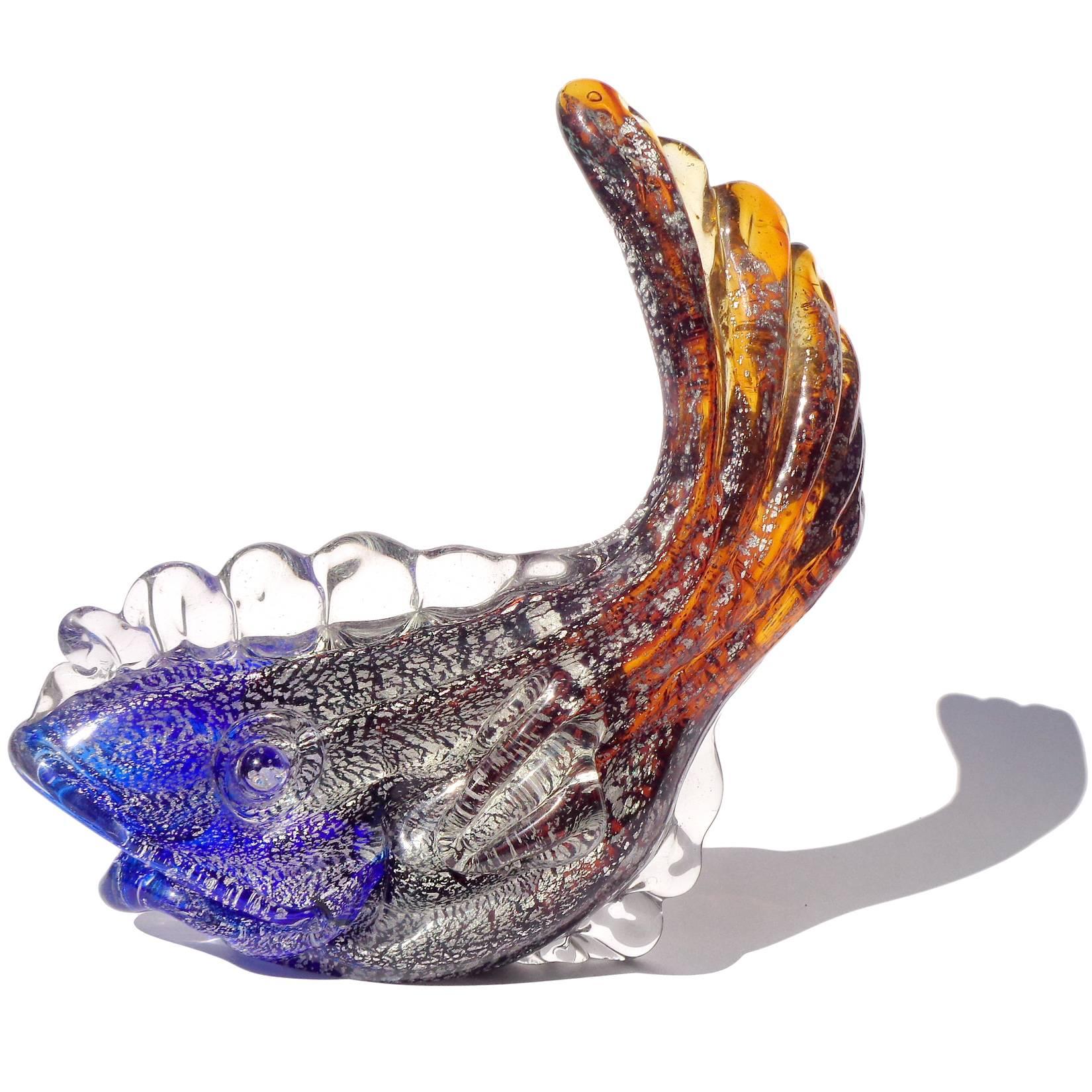 Early Murano hand blown Sommerso orange to cobalt blue Italian art glass fish sculpture, covered in silver leaf. Attributed to the Seguso Vetri D' Arte company, circa 1940s. It is very thick and robust.