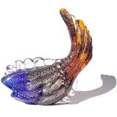 Murano Sommerso Orange Blue Silver Flecks Italian Art Glass Fish Sculpture