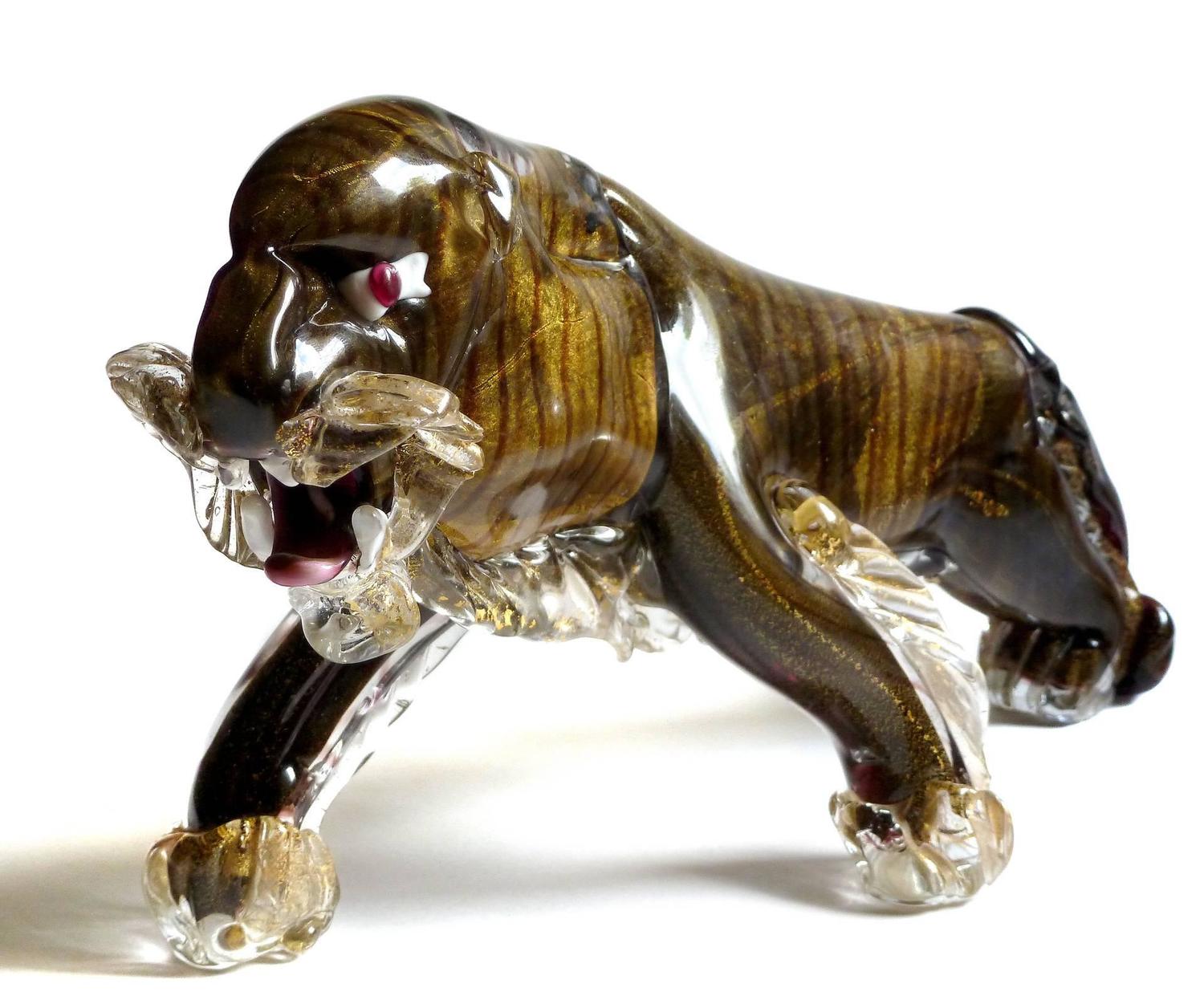 Rare Murano Black and Gold Flecks Italian Art Glass Tiger Sculpture For