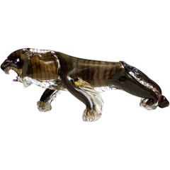 Rare Murano Black and Gold Flecks Italian Art Glass Tiger Sculpture 4
