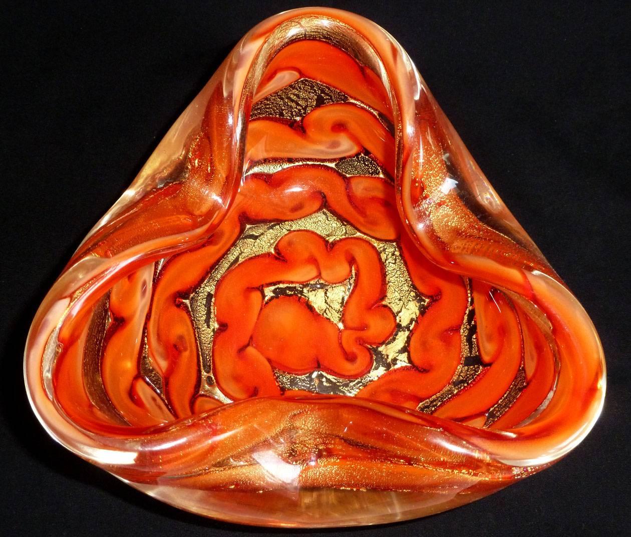 Hand-Crafted Ercole Barovier Murano Orange Gold Flecks Cloud Design Italian Art Glass Bowl