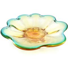 Murano Sommerso Blue Yellow Orange Italian Art Glass Flower Bowl